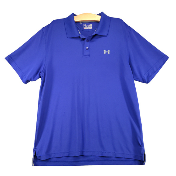 Under Armour Men's Polo Shirt Blue Large Loose Heatgear Logo Short Sleeve - Picture 1 of 16